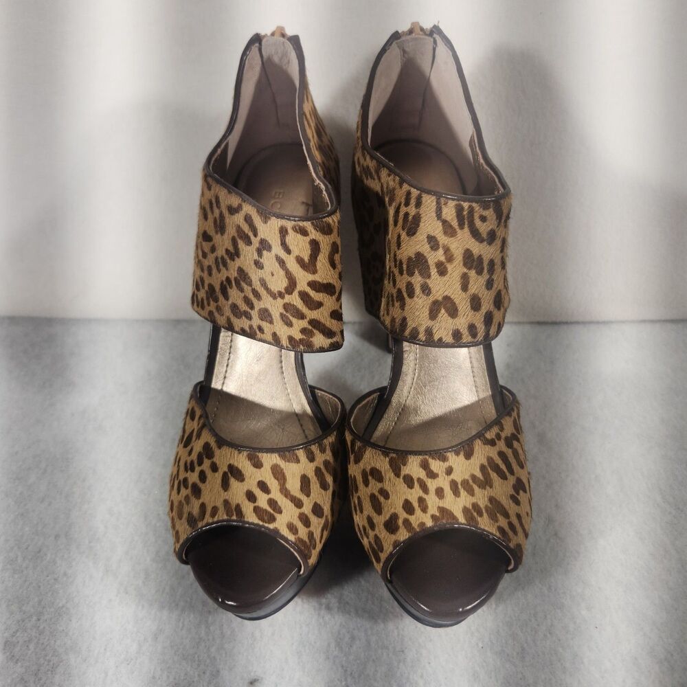 BCBGeneration Women's Leopard Cow-Hair Platform Peep Toe D'Orsay Heels Sz 8